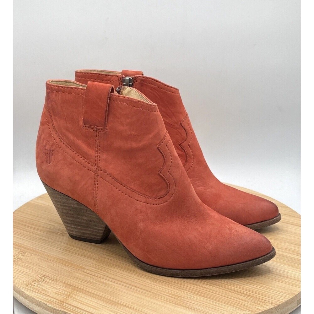Frye Reina Western Ankle Booties Coral Leather Pointed Toe Zip Size 7